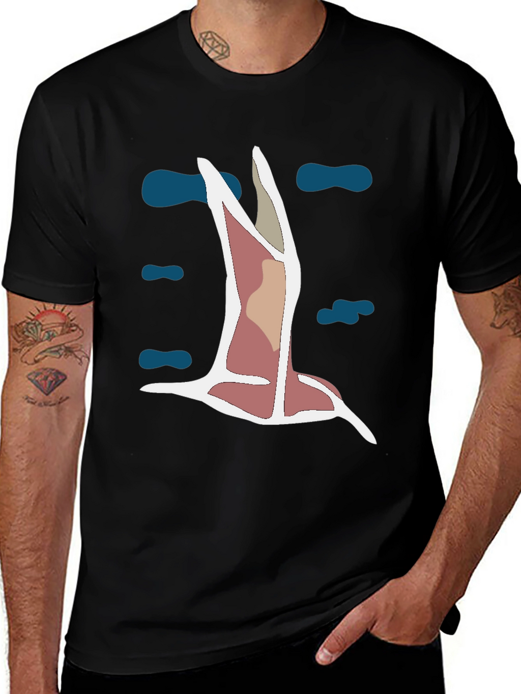 Abstract Bird Graphic Tee - Black Cotton Blend