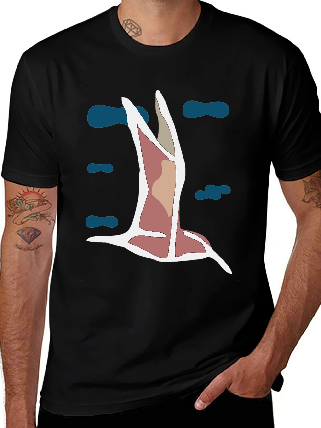 Abstract Bird Graphic Tee - Black Cotton Blend