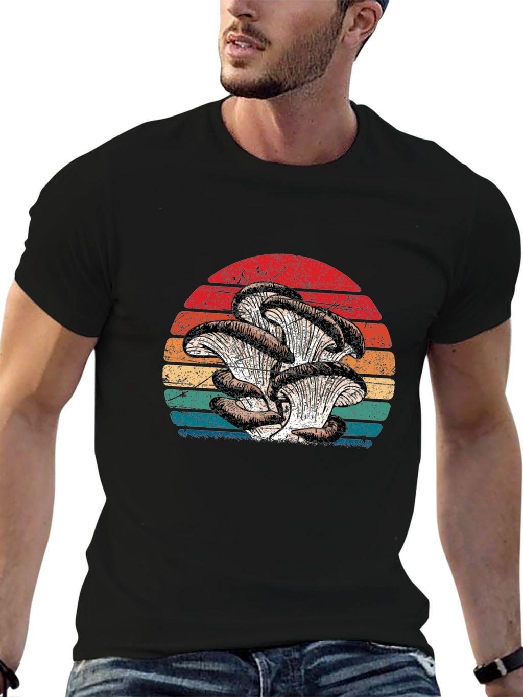Retro Oyster Mushroom Sunset Graphic Tee - Black