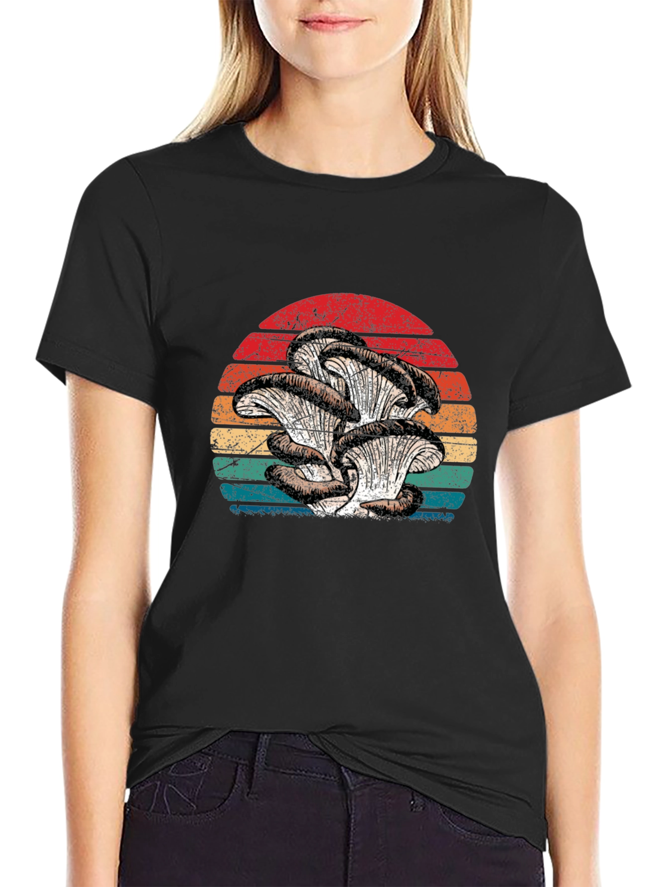 Retro Oyster Mushroom Sunset Graphic Tee - Black
