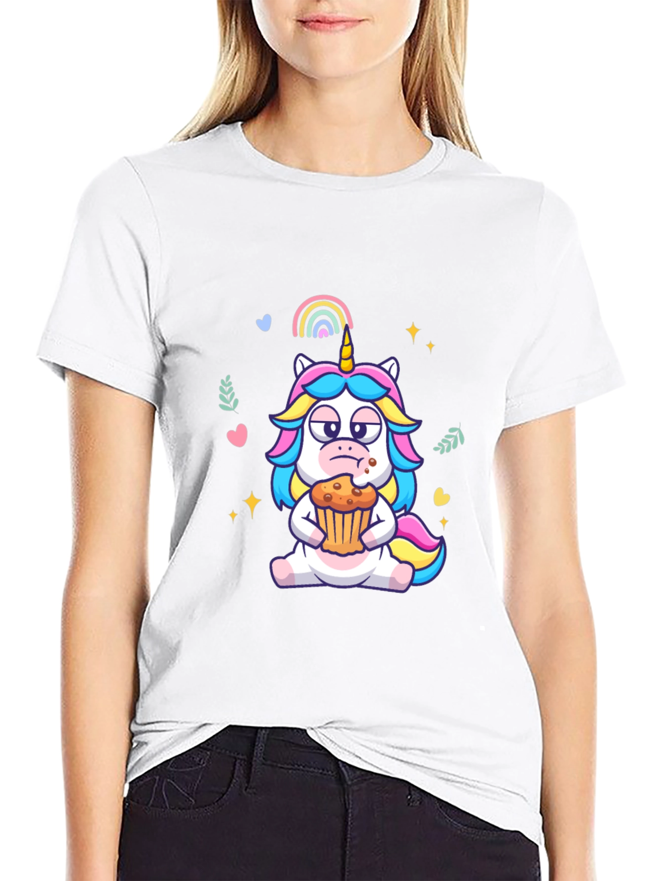 Unicorn Eating Cupcake Graphic Tee - Black Cotton T-Shirt
