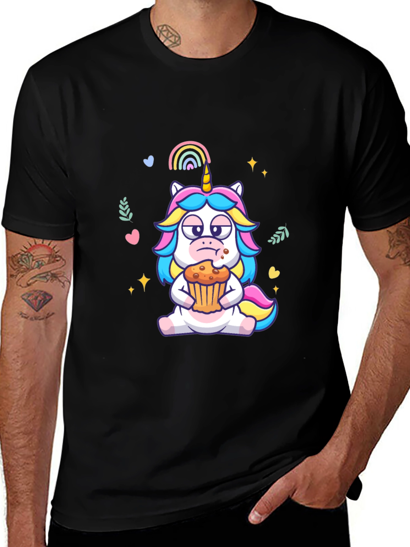 Unicorn Eating Cupcake Graphic Tee - Black Cotton T-Shirt