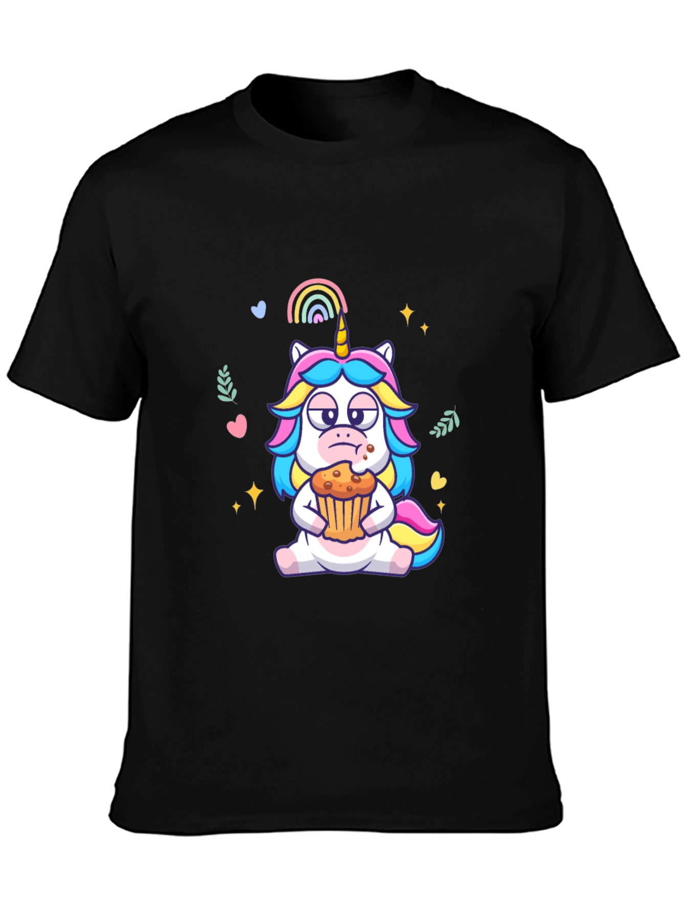 Unicorn Eating Cupcake Graphic Tee - Black Cotton T-Shirt