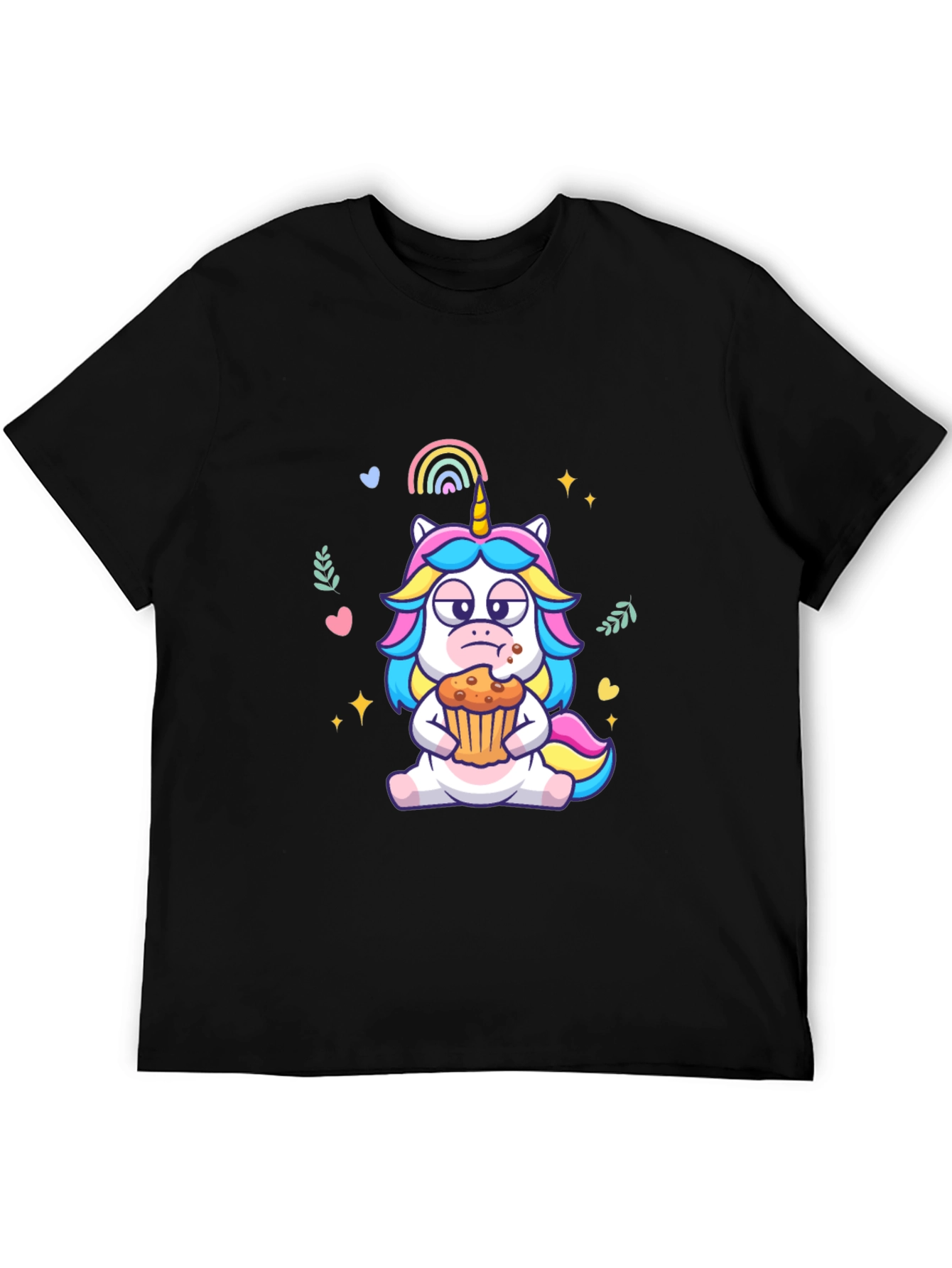 Unicorn Eating Cupcake Graphic Tee - Black Cotton T-Shirt