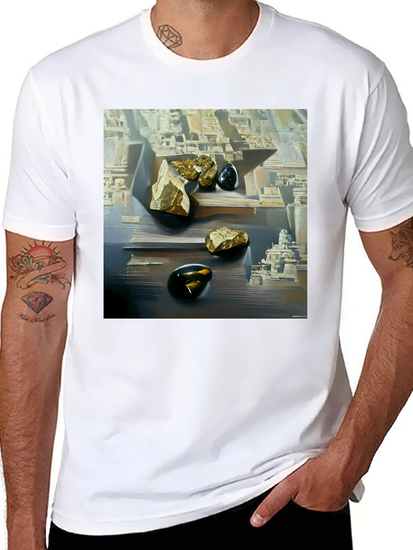 Abstract Art T-Shirt: Gold & Obsidian Rock Scene