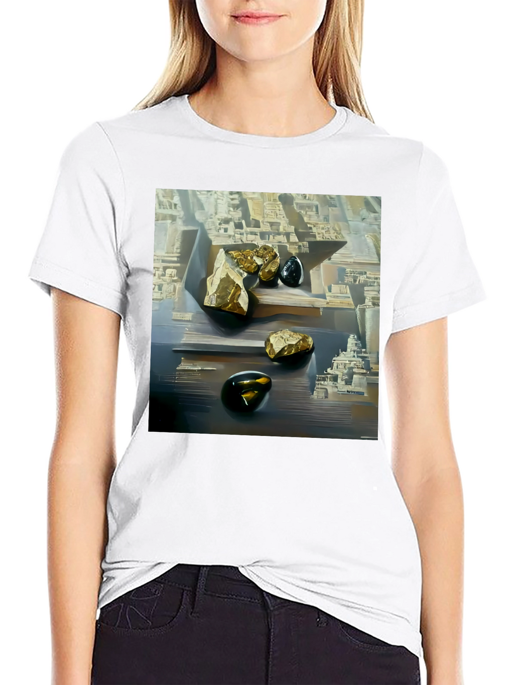 Abstract Art T-Shirt: Gold & Obsidian Rock Scene