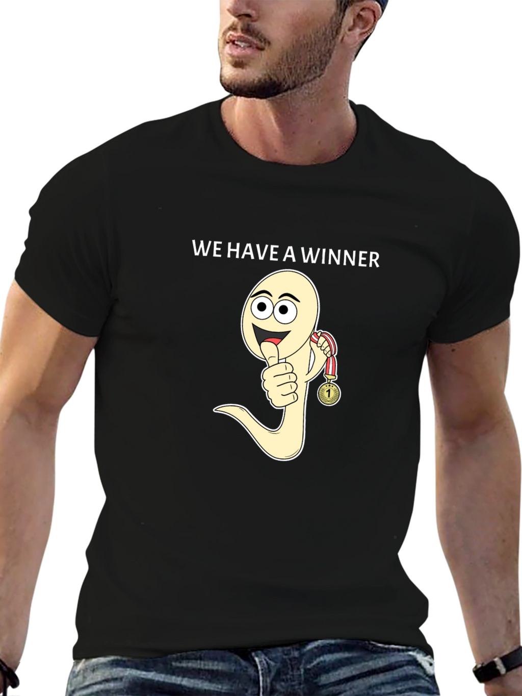 Winner Sperm Cartoon Black T-Shirt Funny Tee