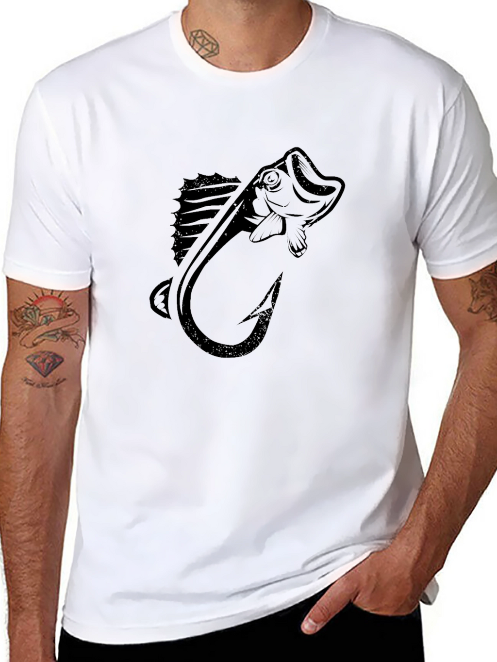 Bass Fishing Hook Graphic Tee - Mens Black T-Shirt