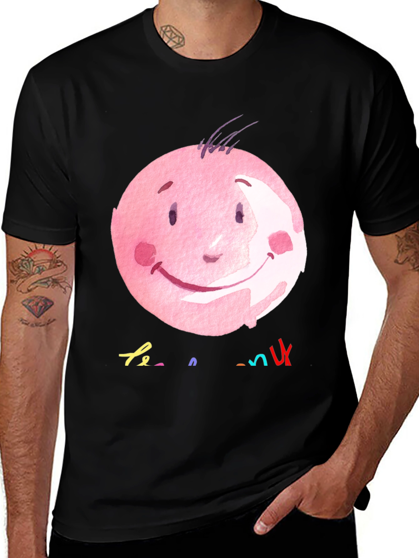 Pink Smiley Face Graphic Black T-Shirt
