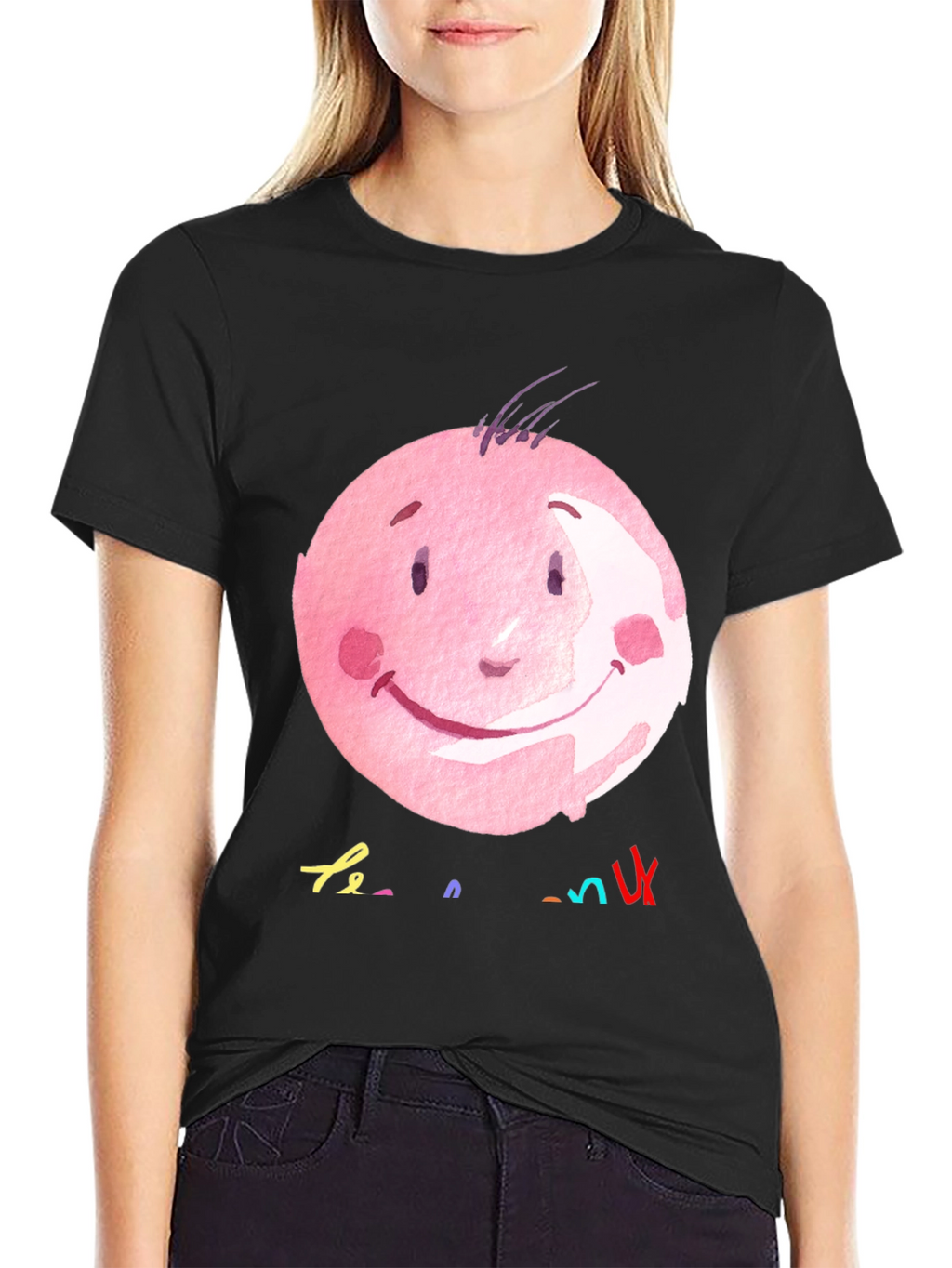 Pink Smiley Face Graphic Black T-Shirt