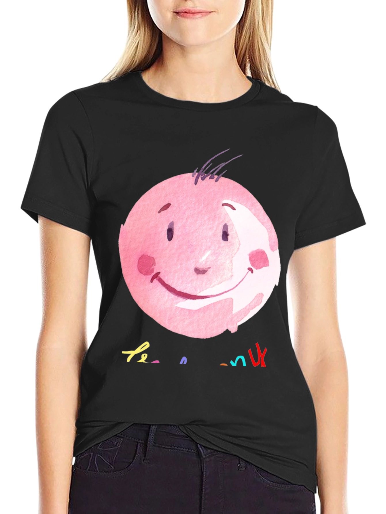 Pink Smiley Face Graphic Black T-Shirt