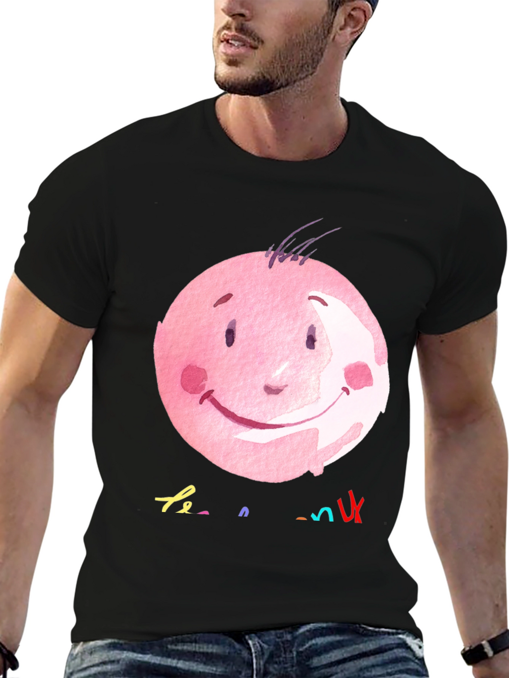 Pink Smiley Face Graphic Black T-Shirt