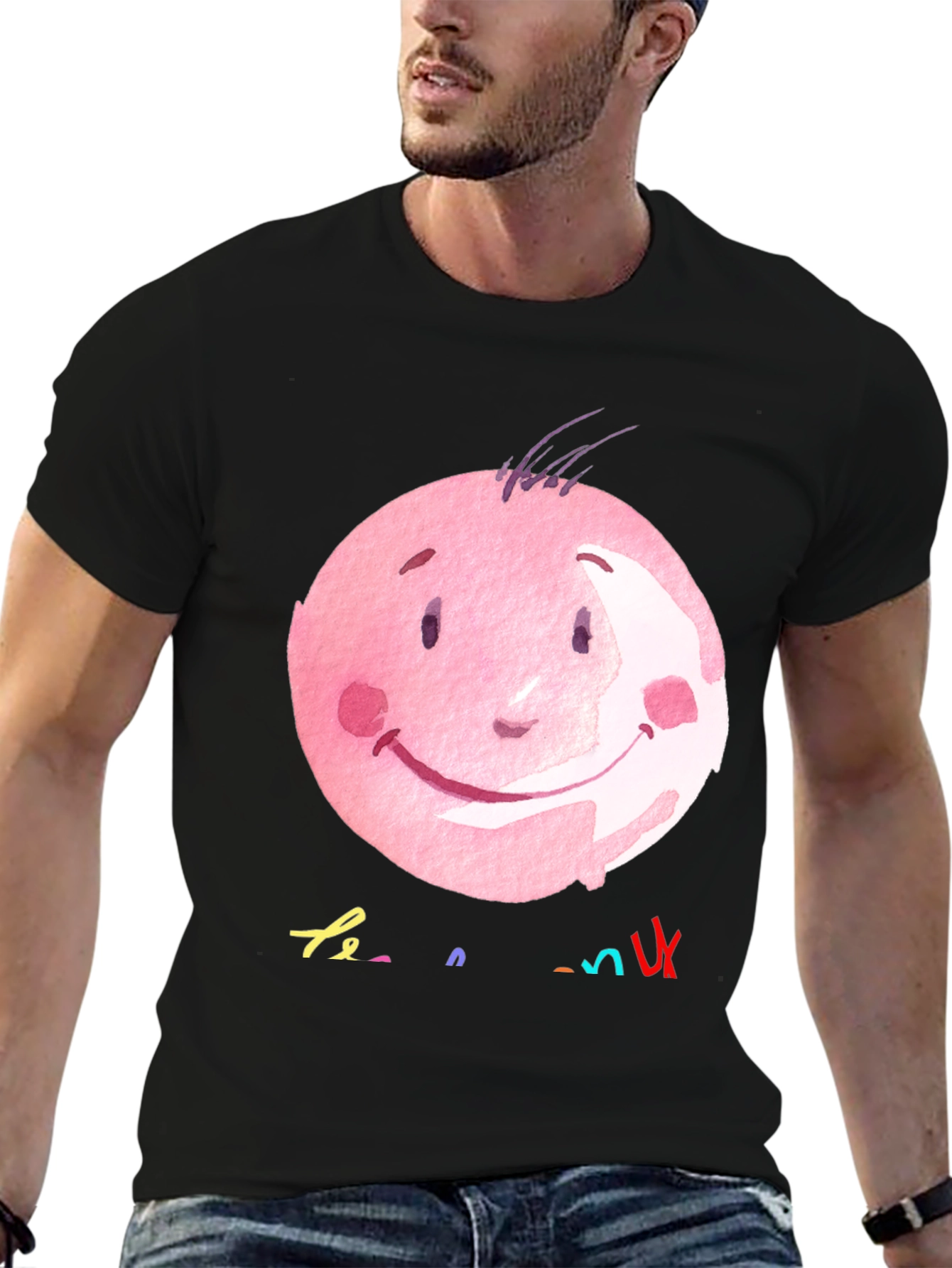 Pink Smiley Face Graphic Black T-Shirt