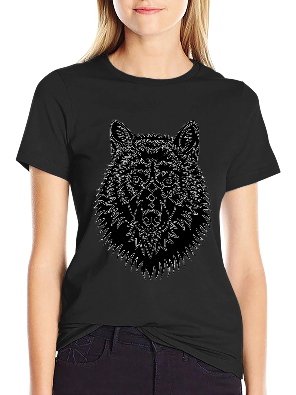 Wolf Line Art Black T-Shirt