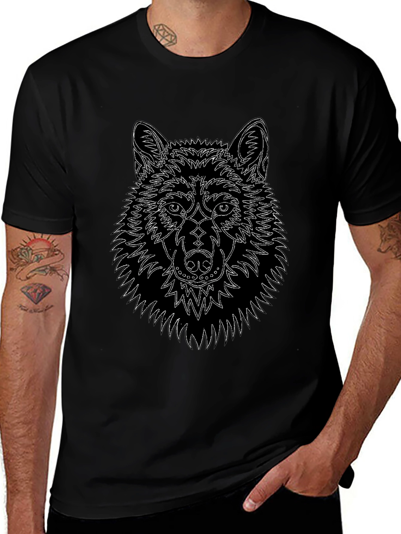 Wolf Line Art Black T-Shirt