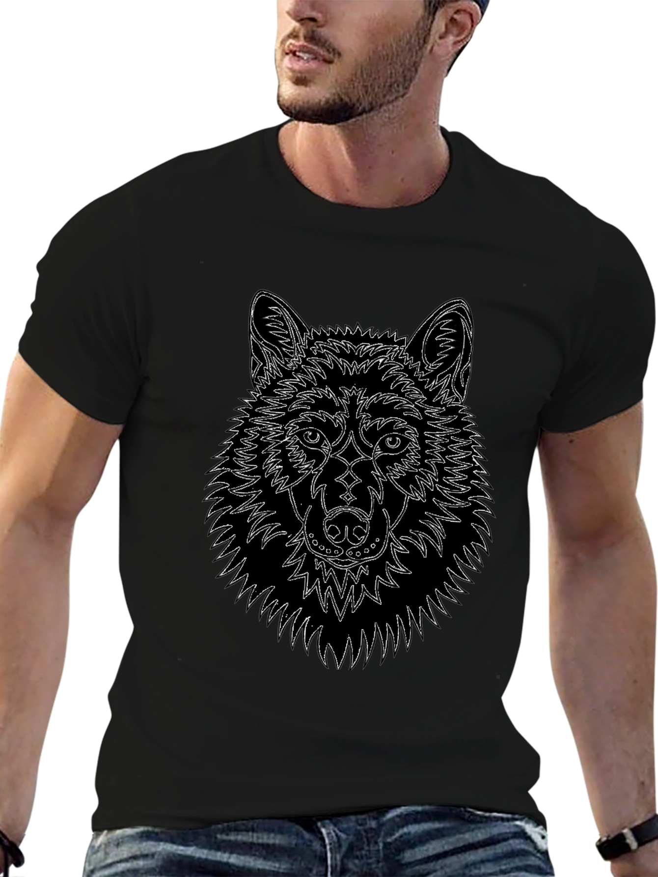 Wolf Line Art Black T-Shirt