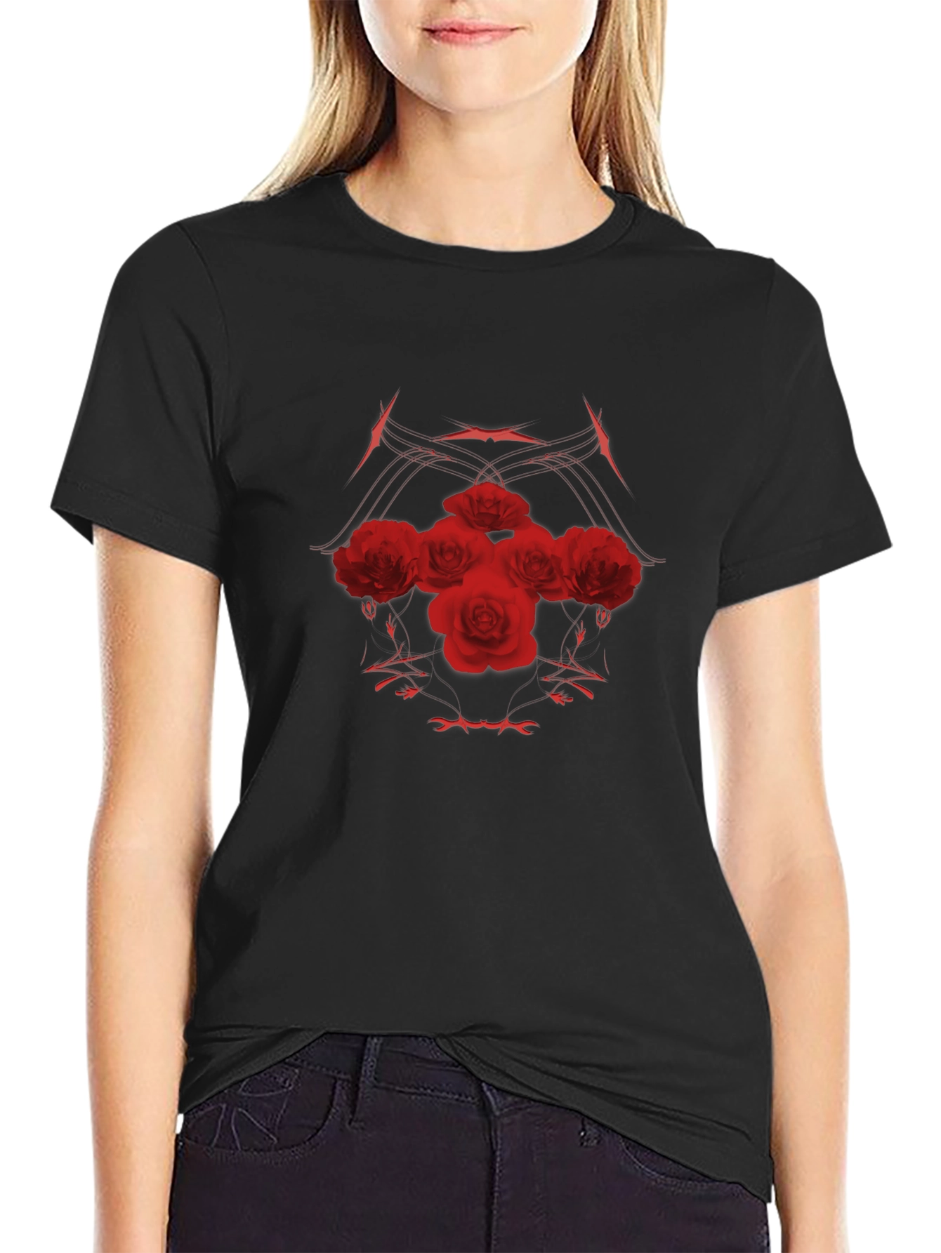 Red Roses Black Tee - Stylish Graphic Print