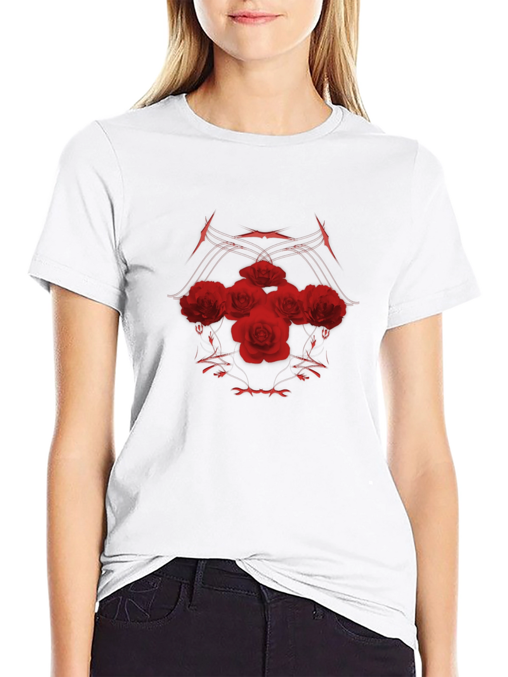 Red Roses Black Tee - Stylish Graphic Print