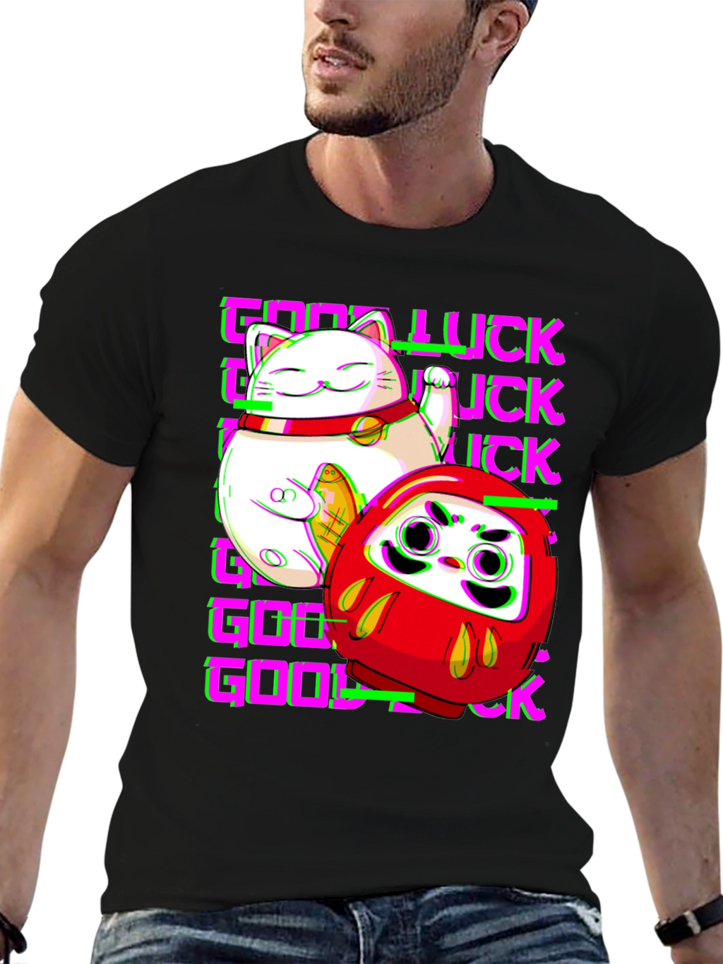 Lucky Cat & Daruma Doll Graphic T-Shirt