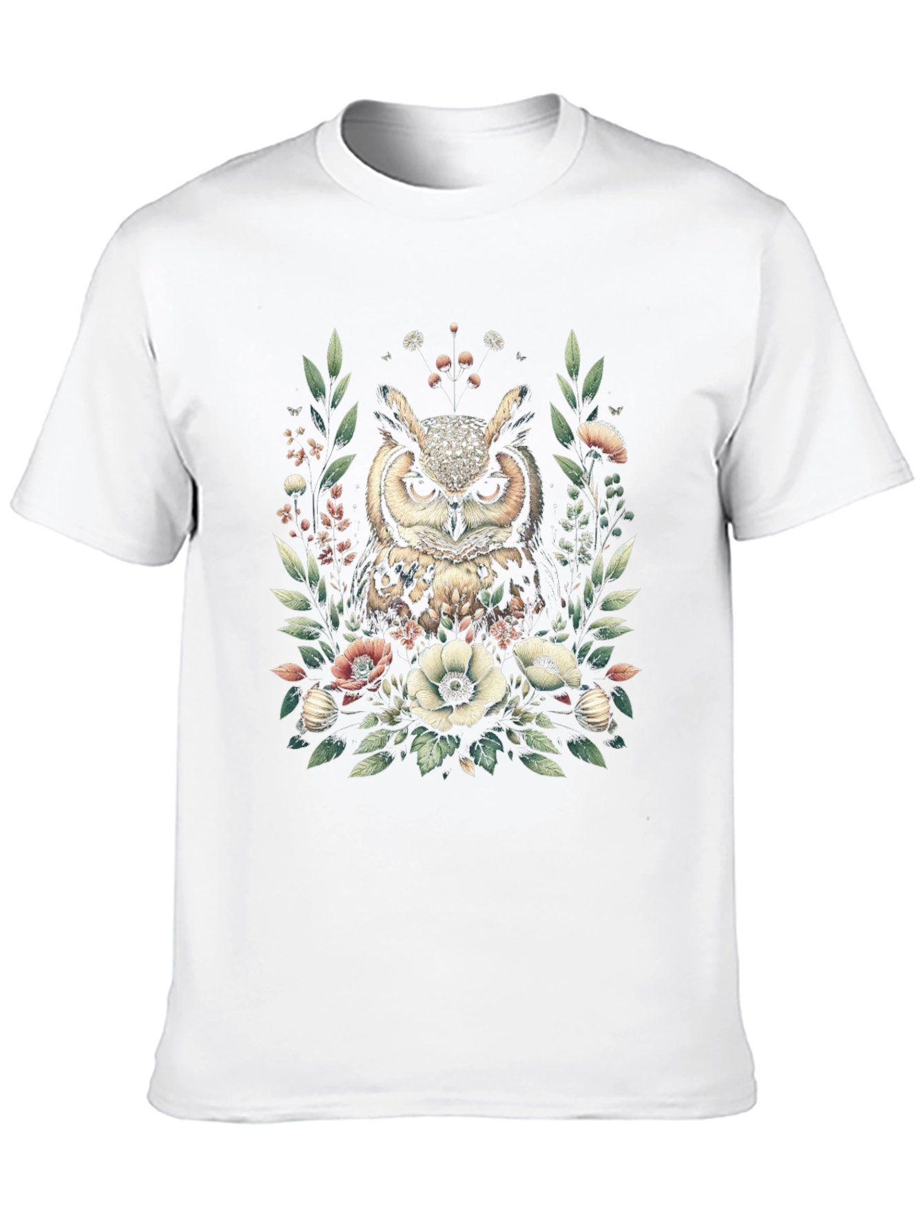 Owl and Floral Print Black T-Shirt