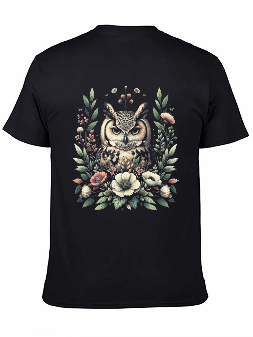 Owl and Floral Print Black T-Shirt