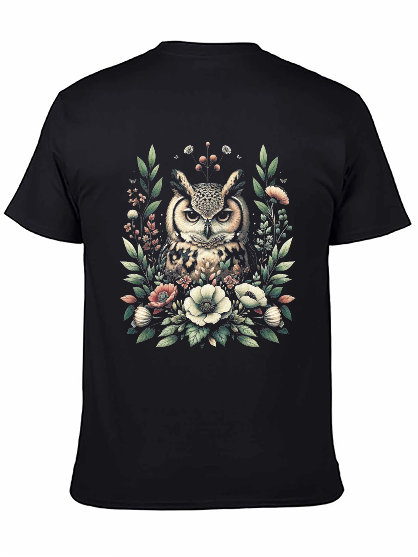 Owl and Floral Print Black T-Shirt