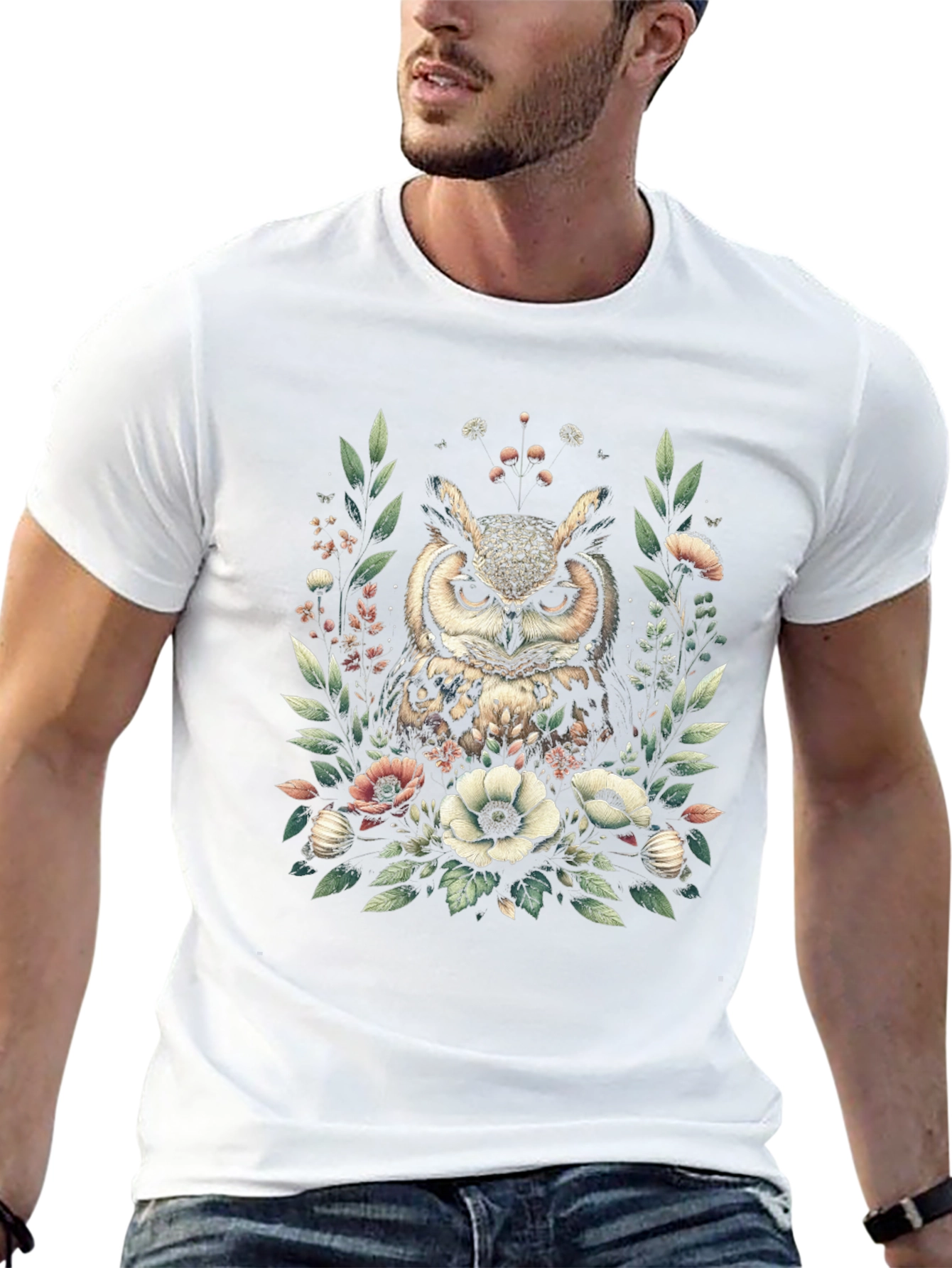 Owl and Floral Print Black T-Shirt
