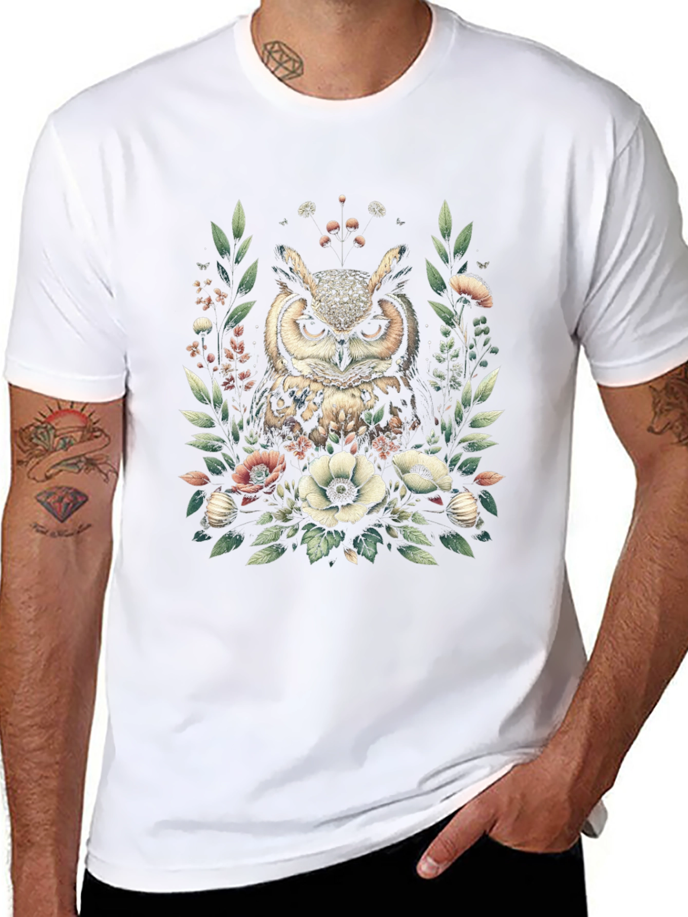 Owl and Floral Print Black T-Shirt