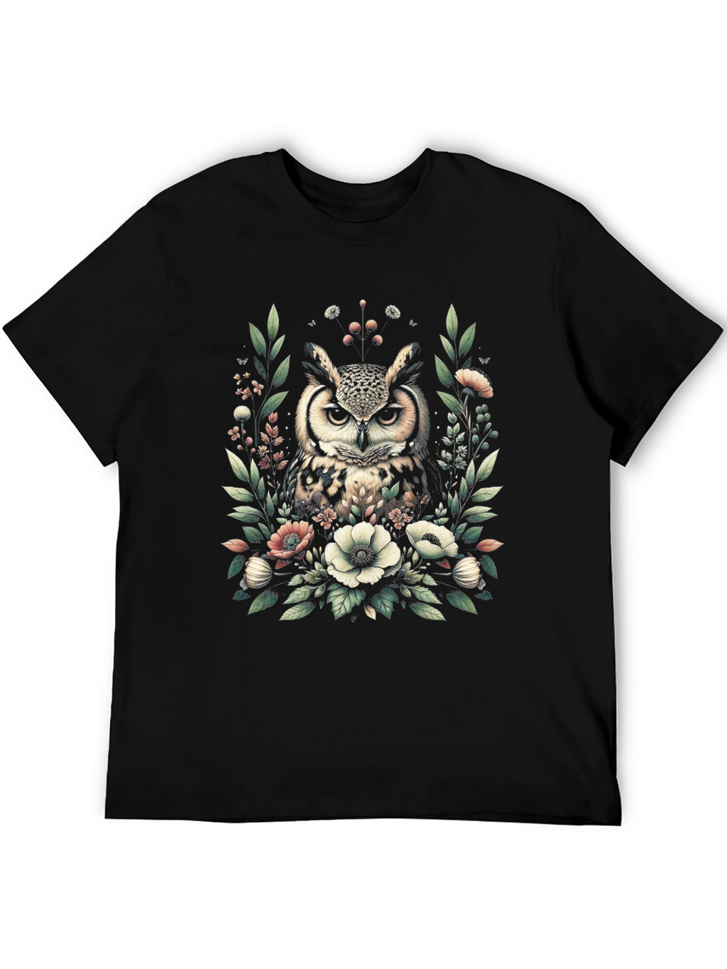 Owl and Floral Print Black T-Shirt