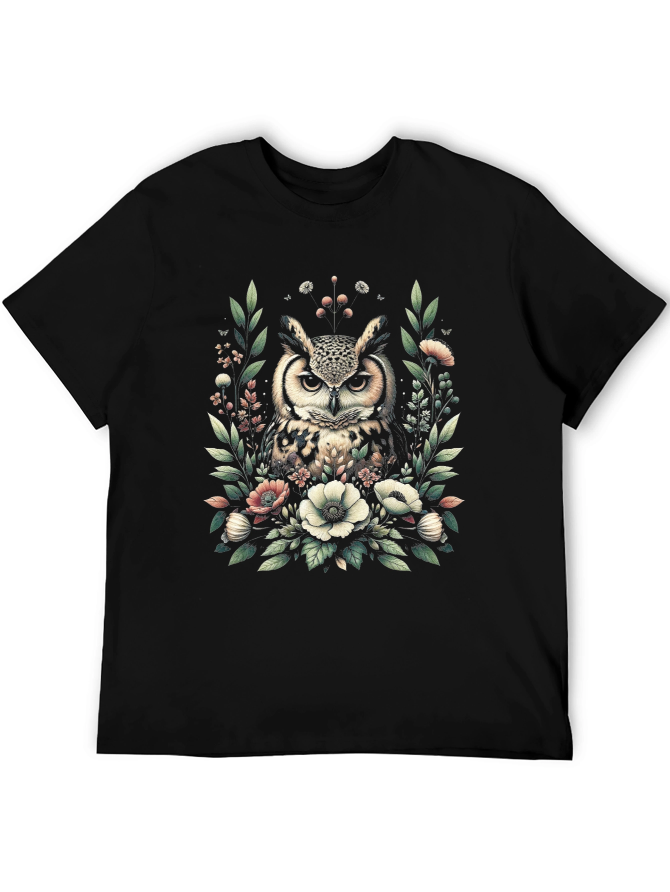Owl and Floral Print Black T-Shirt
