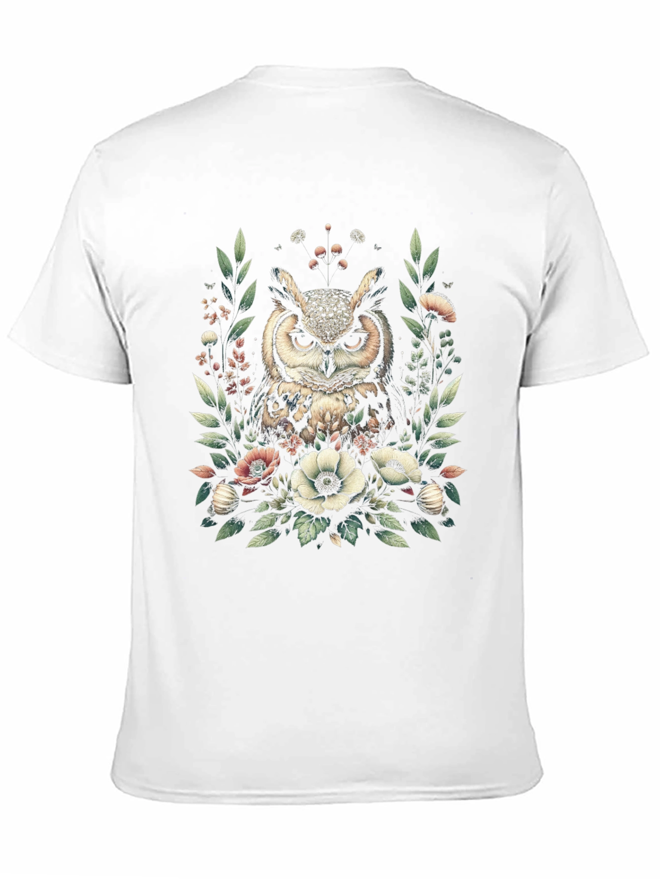 Owl and Floral Print Black T-Shirt