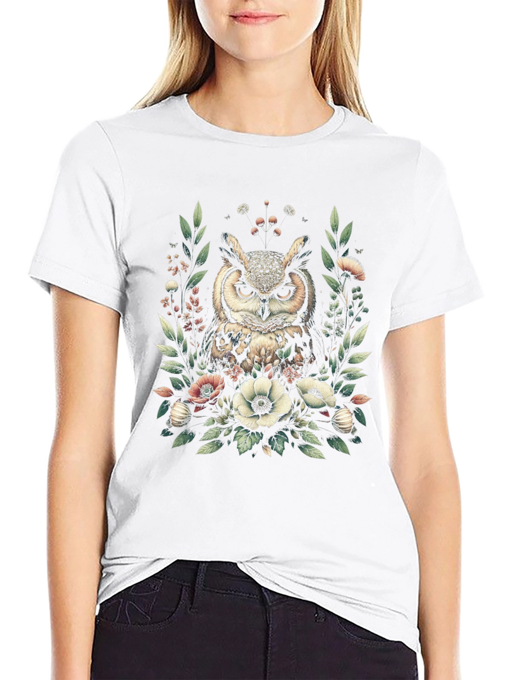 Owl and Floral Print Black T-Shirt