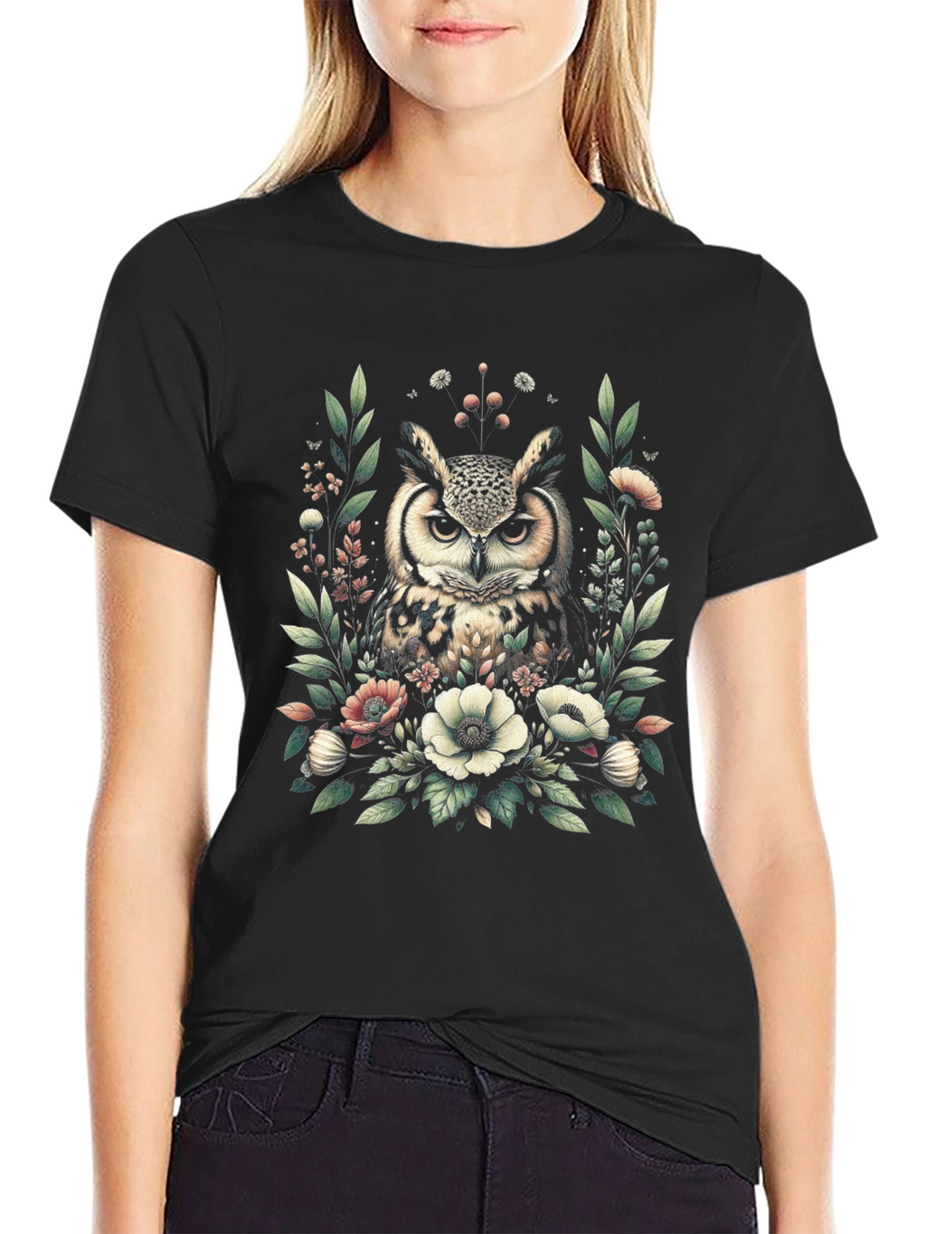 Owl and Floral Print Black T-Shirt