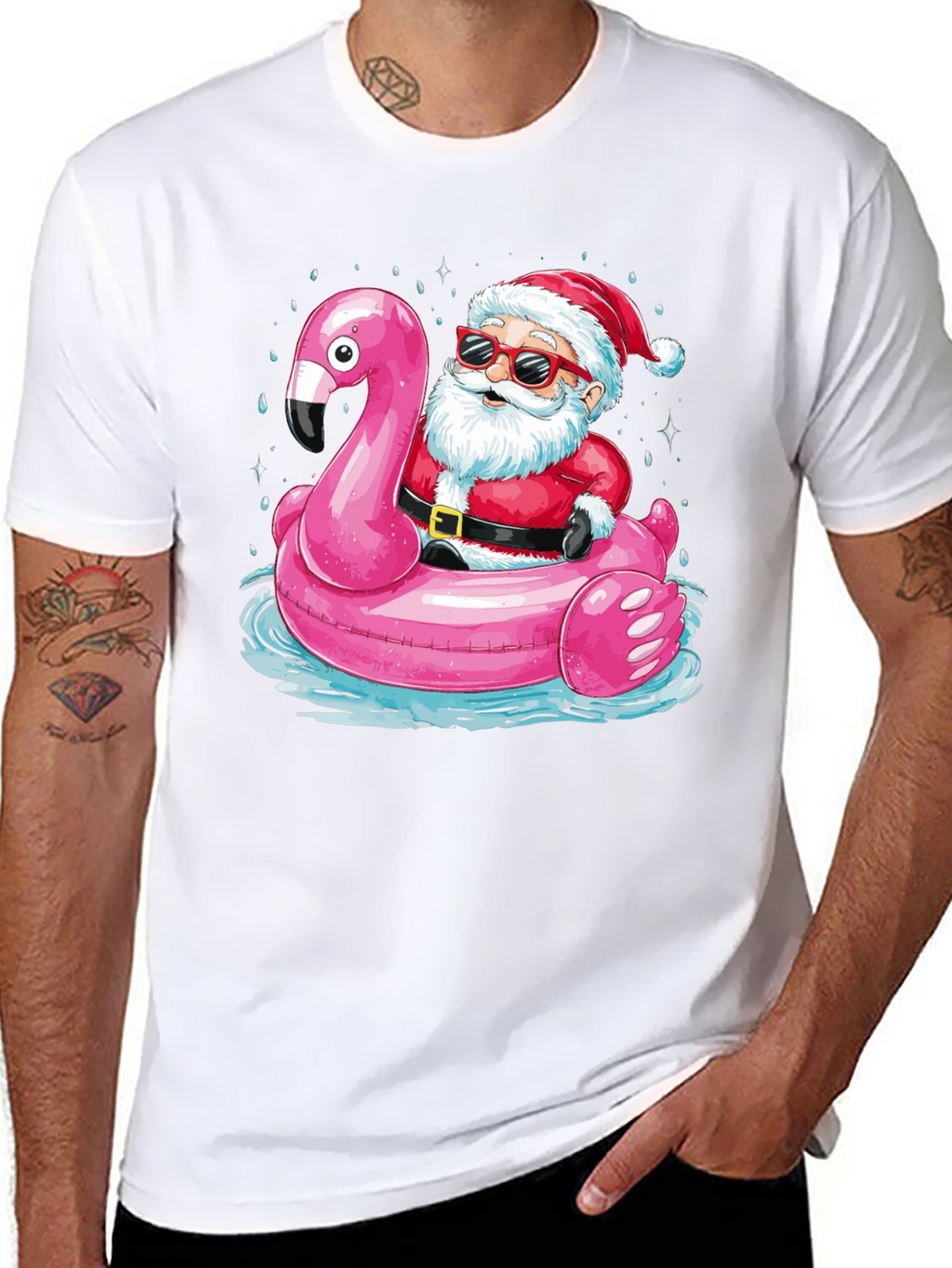 Santa Flamingo Pool Party T-Shirt