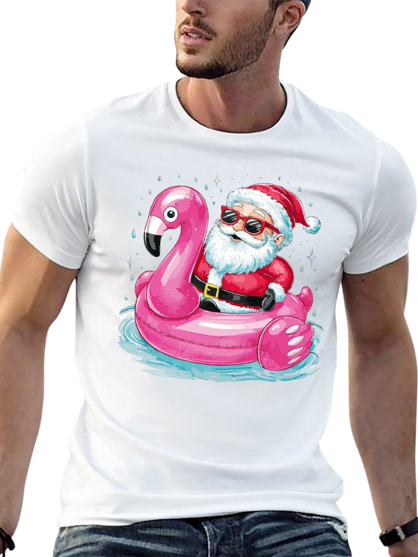 Santa Flamingo Pool Party T-Shirt