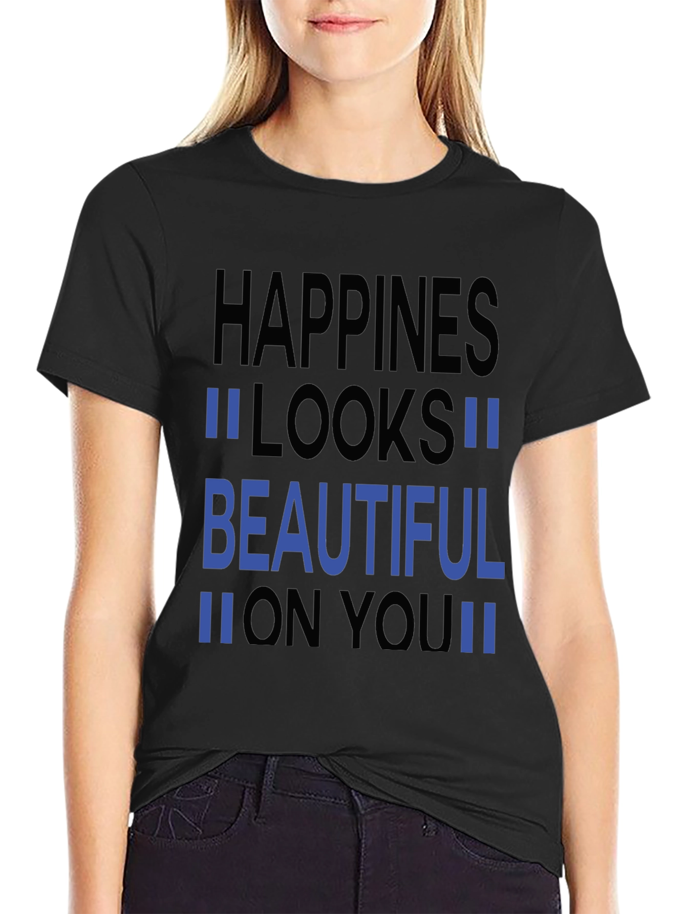 Happiness Looks Beautiful Black Graphic Tee