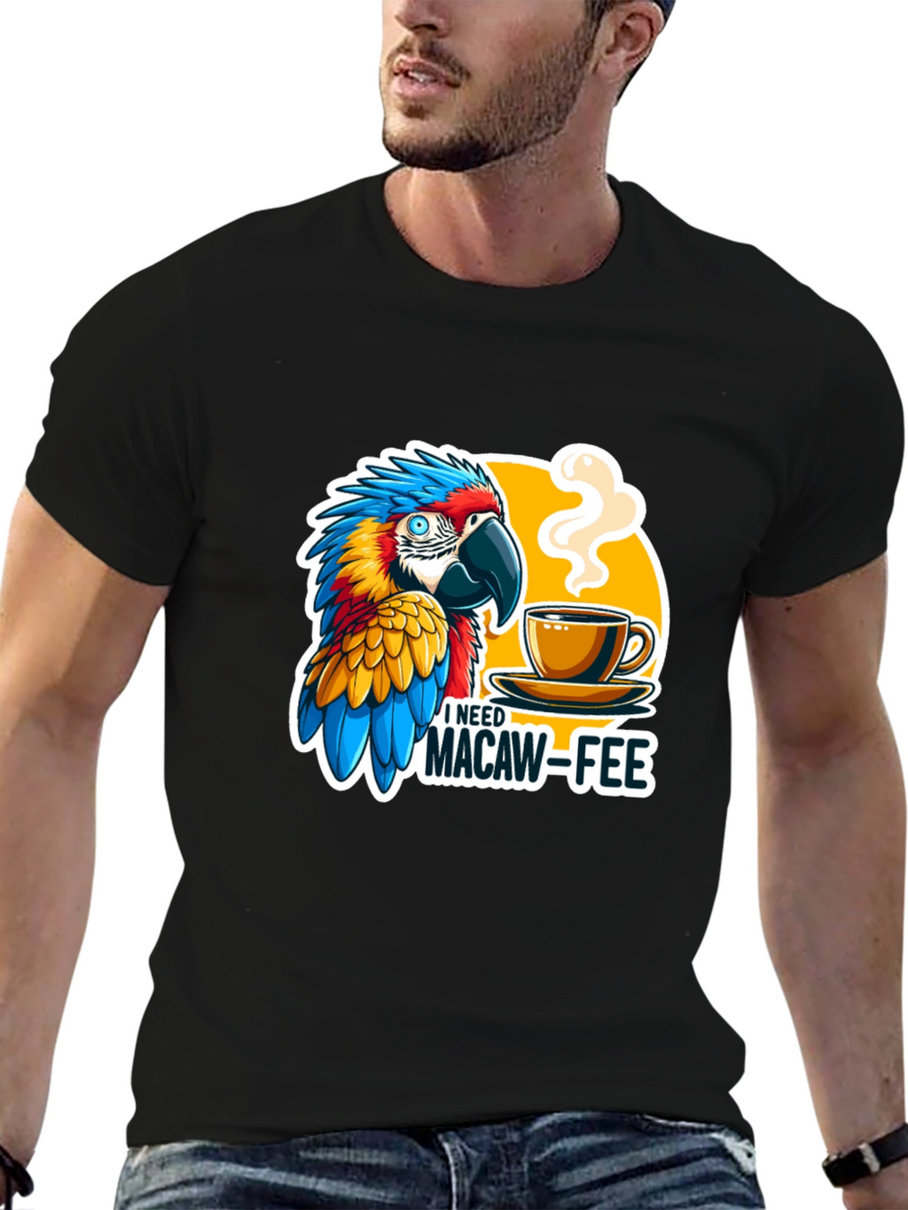 Macaw-Fee T-Shirt - Parrot & Coffee Graphic Tee