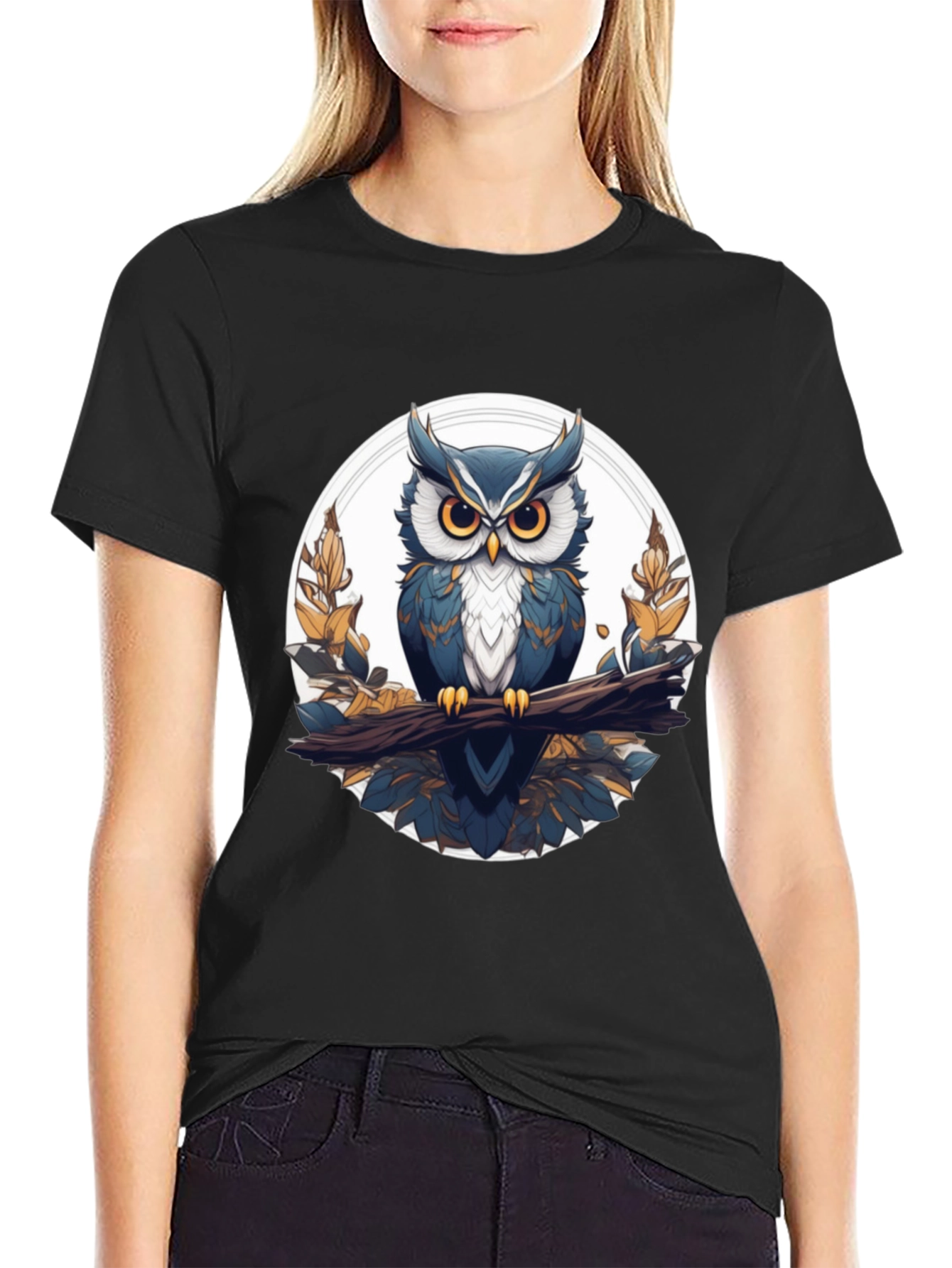 Stylish Owl Graphic Tee - Black Cotton T-Shirt