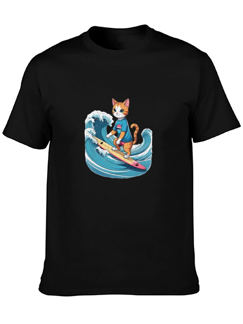 Surfing Cat Graphic Tee - Black Cotton T-Shirt