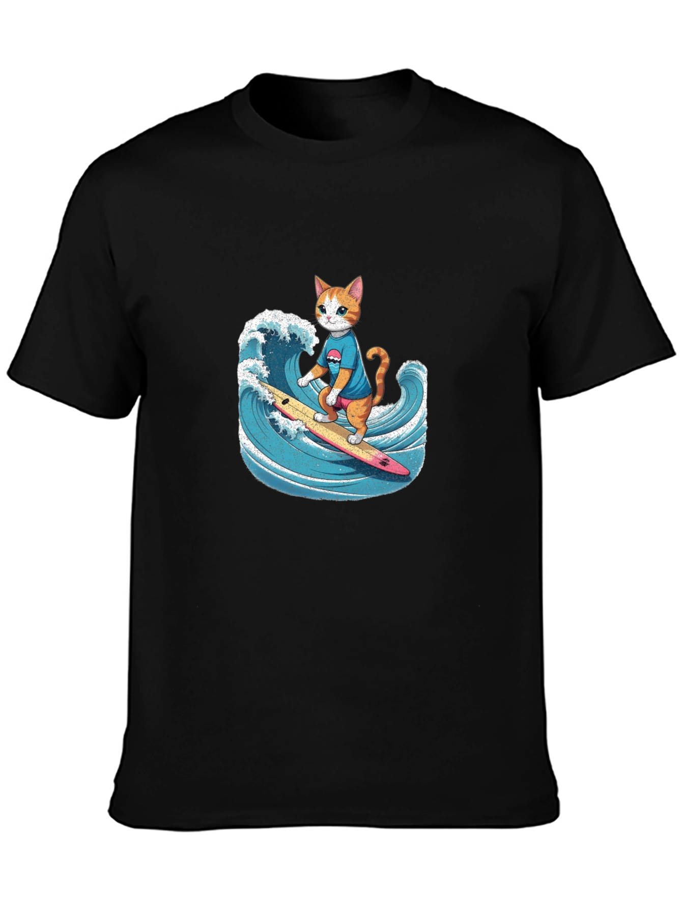 Surfing Cat Graphic Tee - Black Cotton T-Shirt
