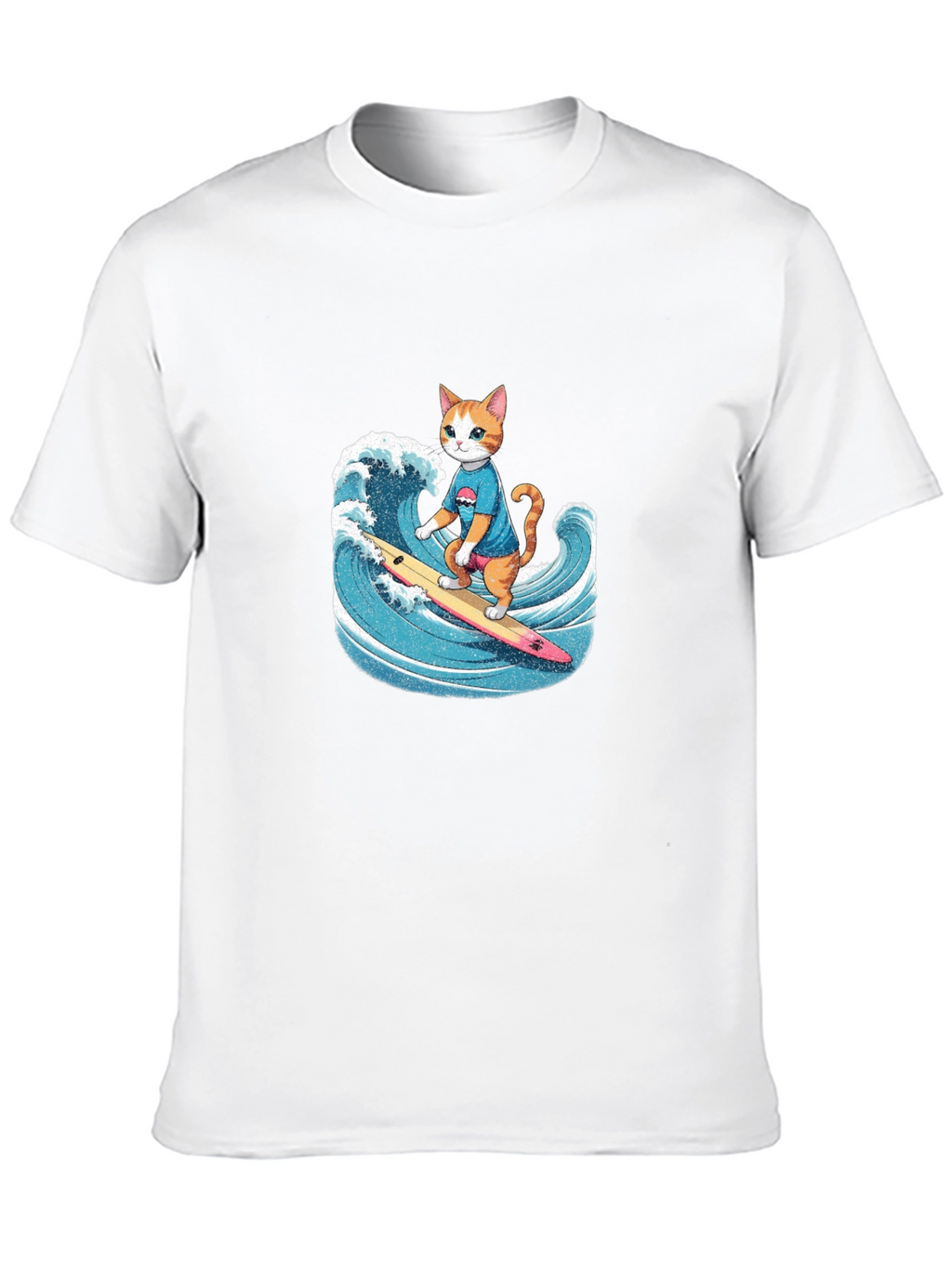 Surfing Cat Graphic Tee - Black Cotton T-Shirt