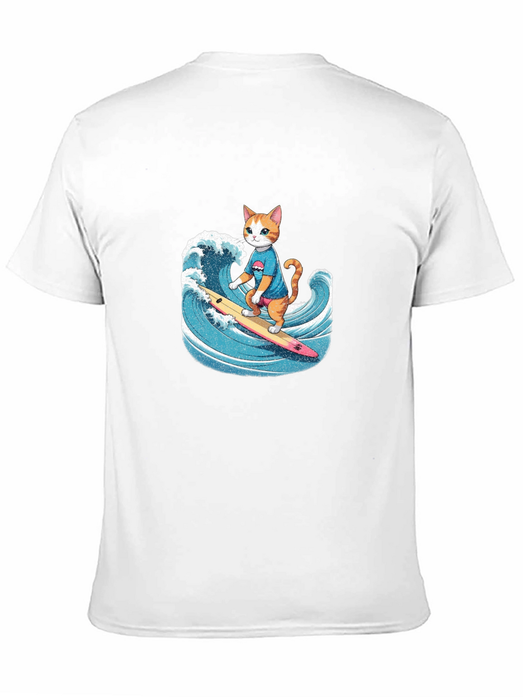 Surfing Cat Graphic Tee - Black Cotton T-Shirt