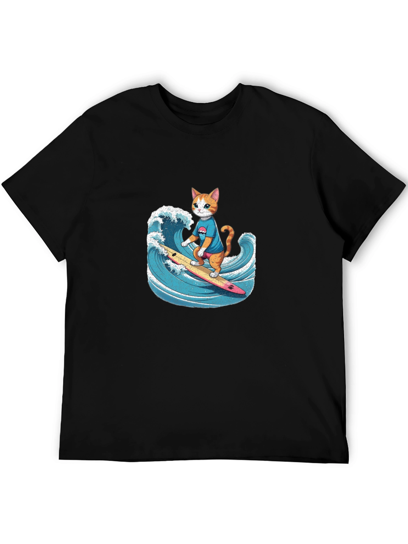 Surfing Cat Graphic Tee - Black Cotton T-Shirt