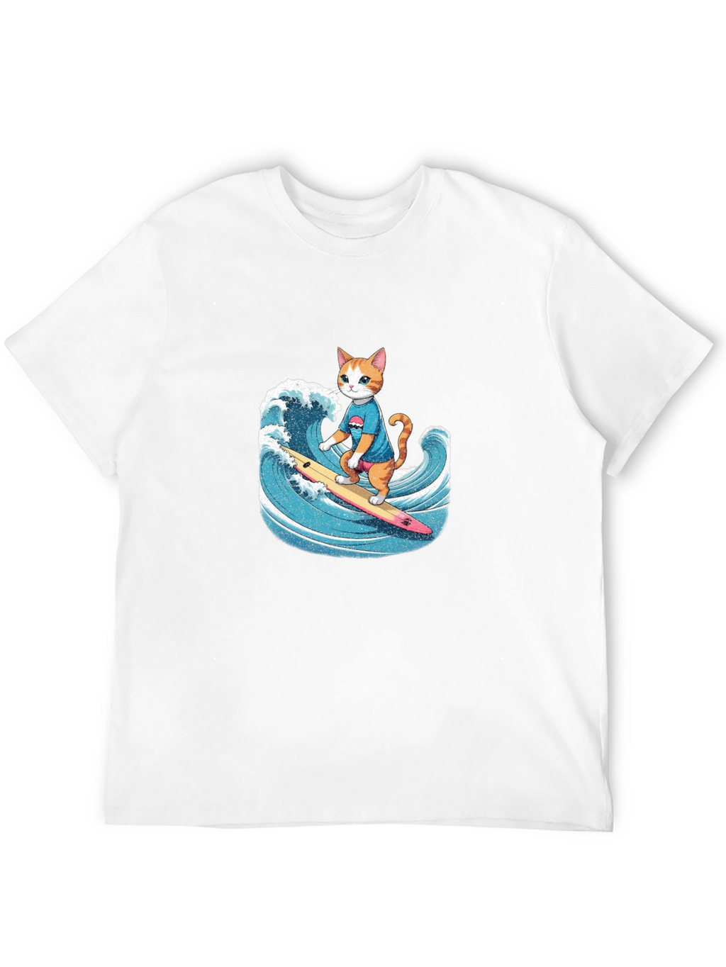 Surfing Cat Graphic Tee - Black Cotton T-Shirt