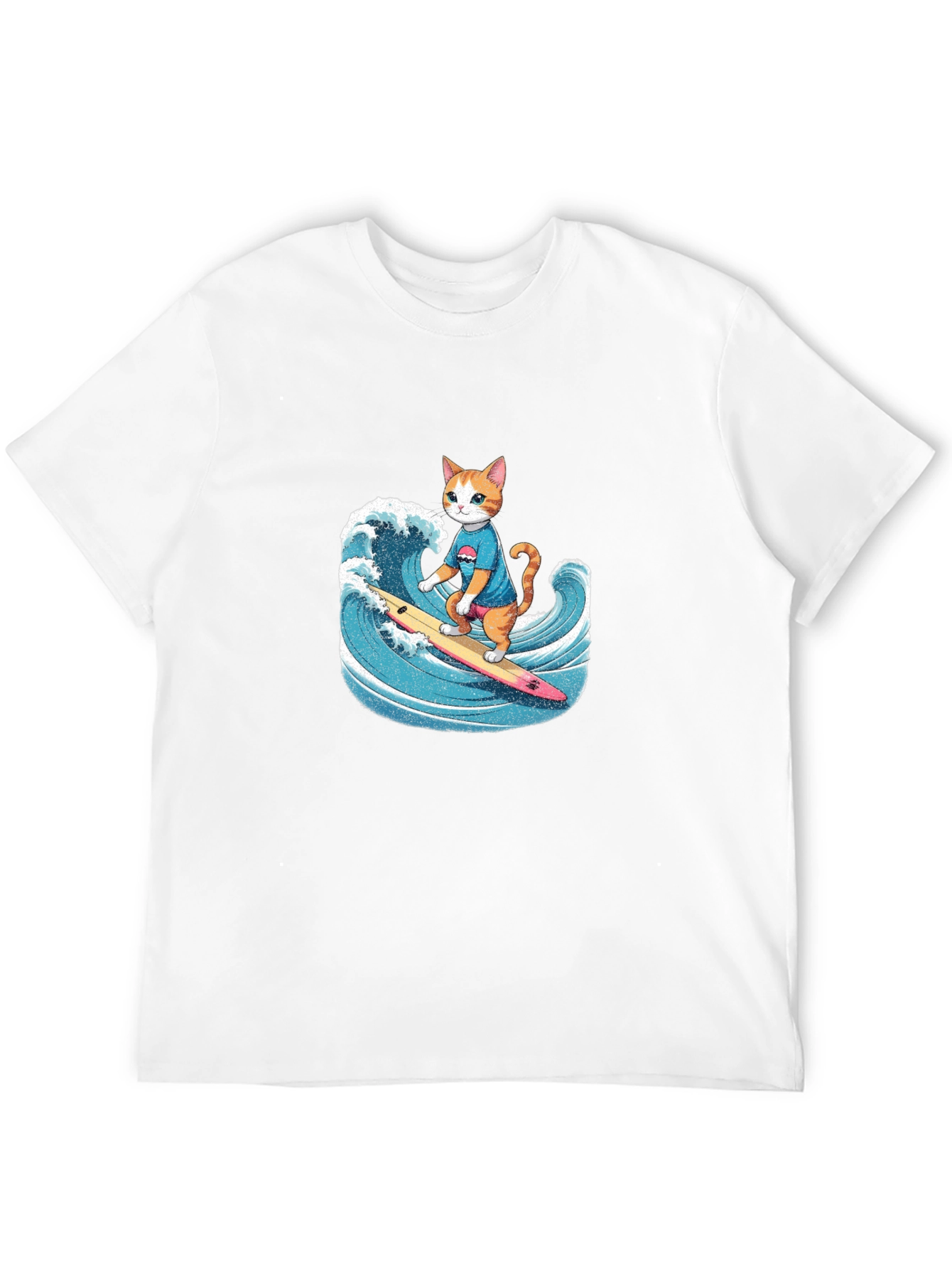Surfing Cat Graphic Tee - Black Cotton T-Shirt