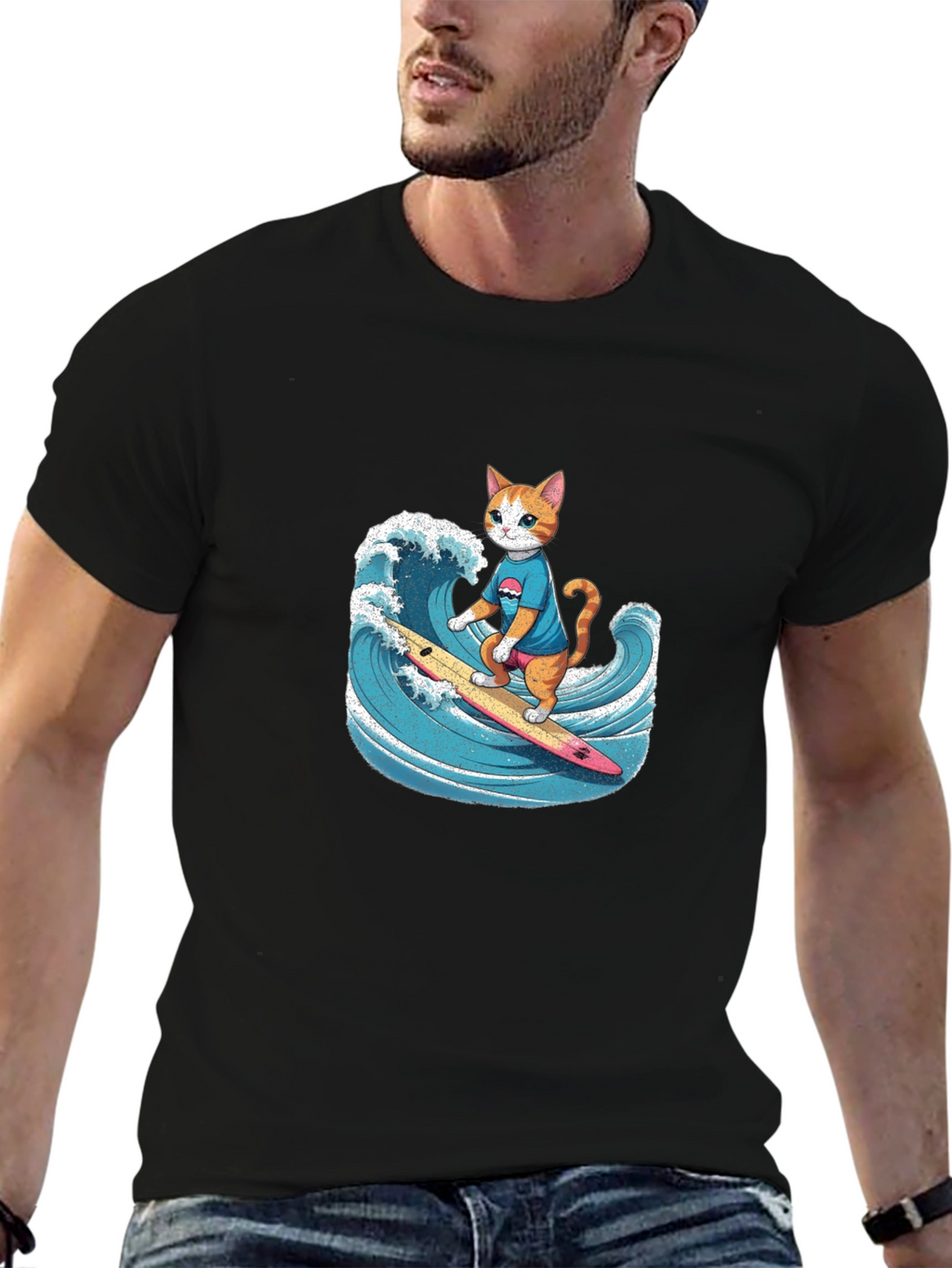 Surfing Cat Graphic Tee - Black Cotton T-Shirt