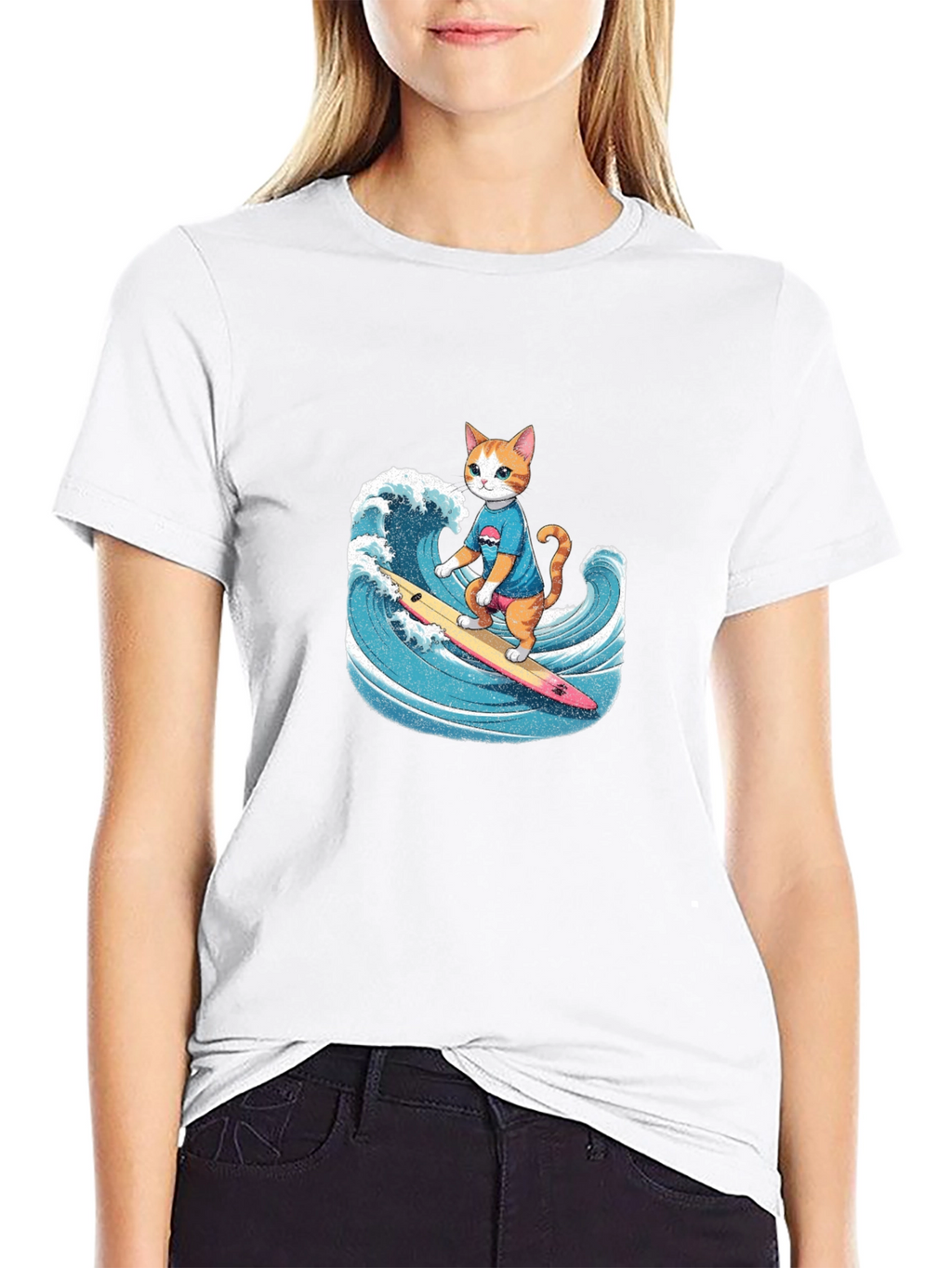Surfing Cat Graphic Tee - Black Cotton T-Shirt