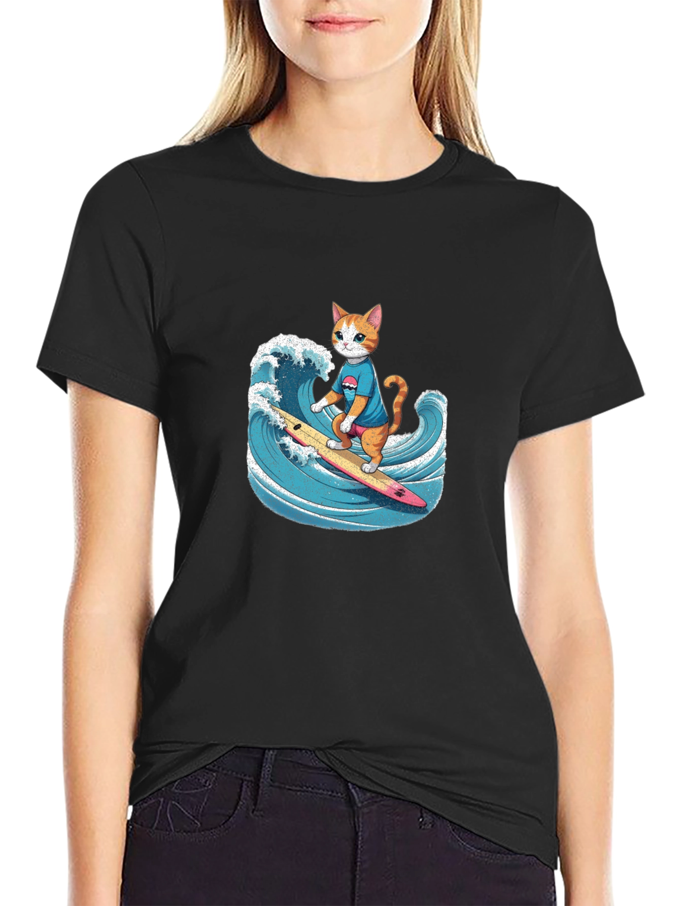 Surfing Cat Graphic Tee - Black Cotton T-Shirt