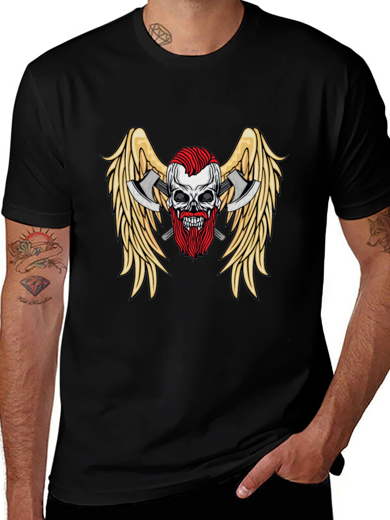 Skull Axes Wings Graphic Tee - Black