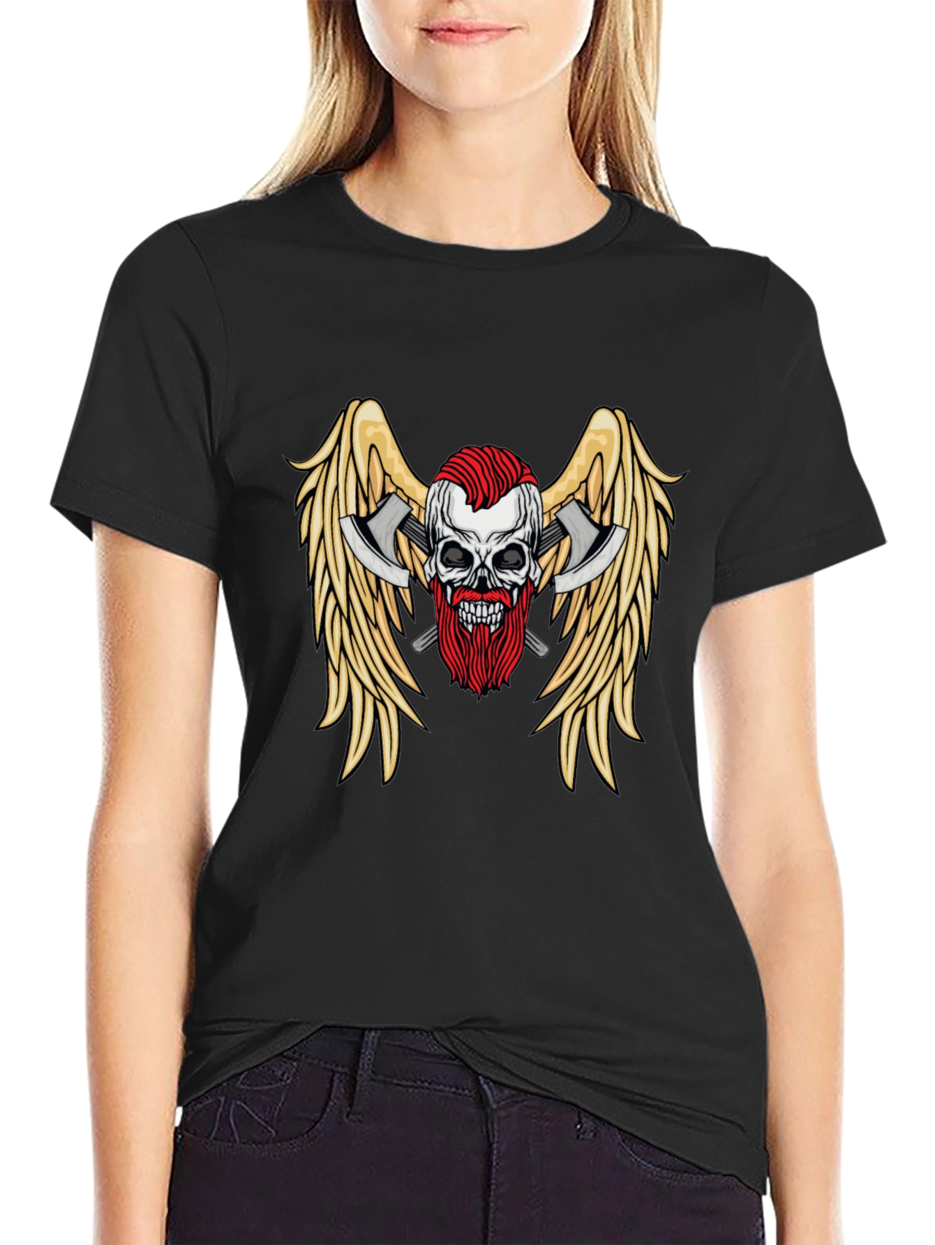 Skull Axes Wings Graphic Tee - Black
